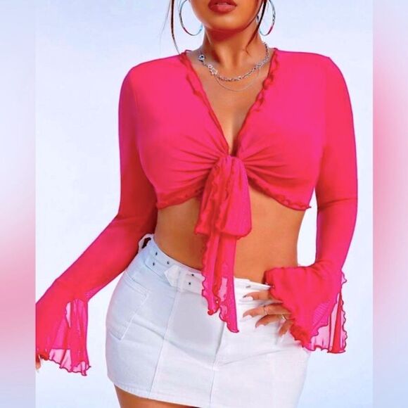 SHEIN ICON Hot Pink Lettuce Trim Knot Front Flare Sleeve Crop Top size XS - Picture 11 of 13